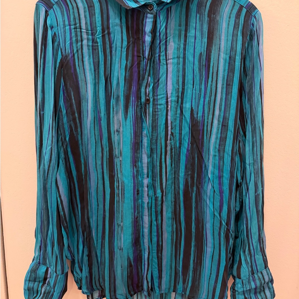 Bella Dahl Turquoise and Black Hidden Placket Button Down Blouse